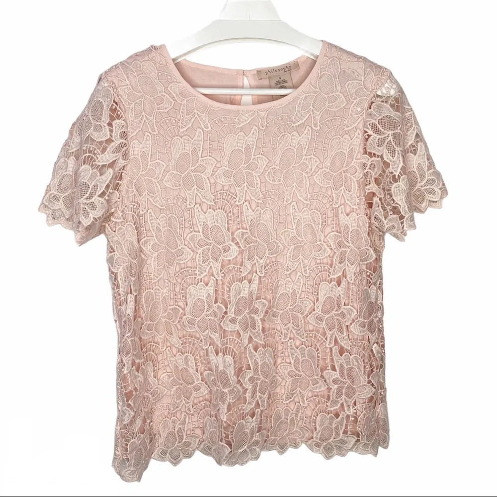 PHILOSOPHY Blush Pink Lacey Short Sleeve Top S - Picture 10 of 10